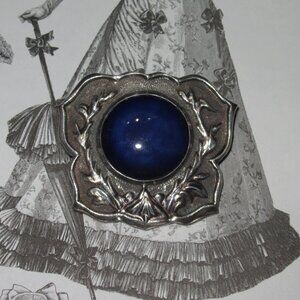 Hallmarked Sterling Silver Cabochon Glass Brooch, Deep Cobalt Blue Vintage Pin